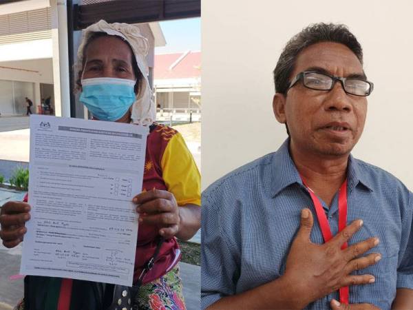 Ateh Ngah (kiri) dan Ahad Sudin turut menerima suntikan vaksin Covid-19 di PPV Bas Bergerak MARA Liner di Orang Asli One Stop Centre Bawong di sini pada Sabtu.