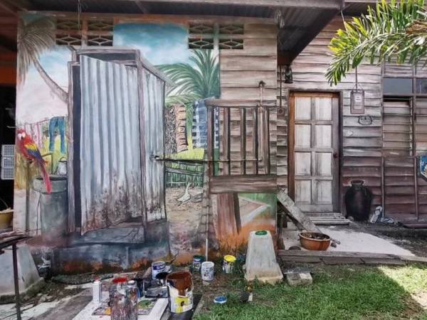 Sebahagian daripada elemen dan pemandangan yang menggamit nostalgia yang diterapkan pada lukisan hasil lakaran Mohd Rozamil.