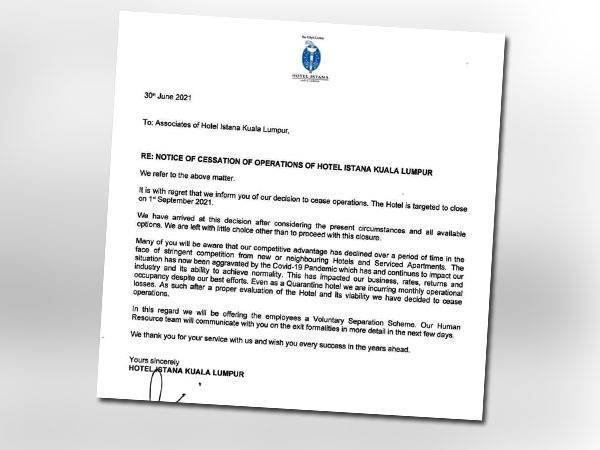 Hotel Istana Kuala Lumpur mengumumkan pemberhentian operasi pada 1 September ini disebabkan mengalami kerugian akibat pandemik Covid-19.