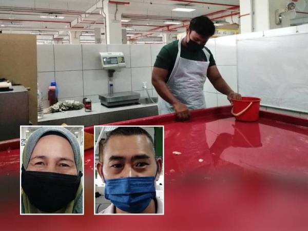 Pekerja membersihkan kedai di Pasar Harian Selayang sebaik jualan ayam habis awal pada Jumaat. Gambar kecil dari kiri: Samsuri Jalil, Goh Su Chui