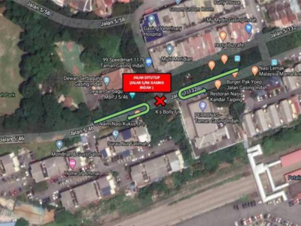 Pelan laluan Jalan 5/46 Gasing Indah yang ditutup.