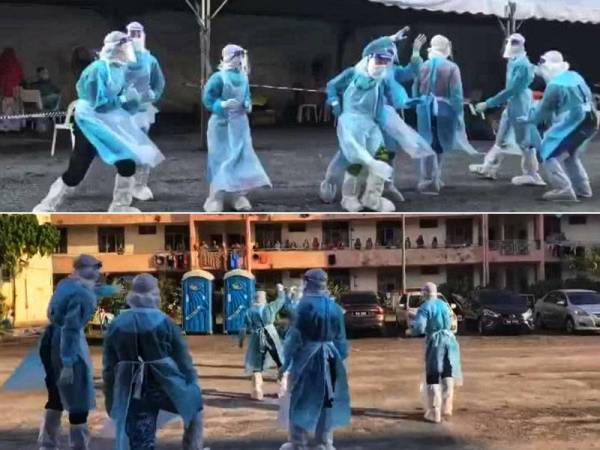 Rakaman video sekumpulan petugas lengkap memakai PPE menari di Pangsapuri Sri Ayu Seksyen 4, Bandar Baru Bangi pada Jumaat.