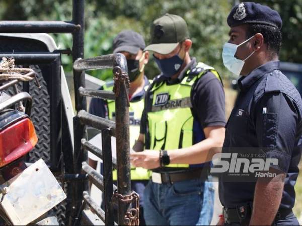 Polis melakukan pemeriksaan semua aktiviti keluar masuk di pintu depan kebun haram di Batu Talam, Raub semalam.