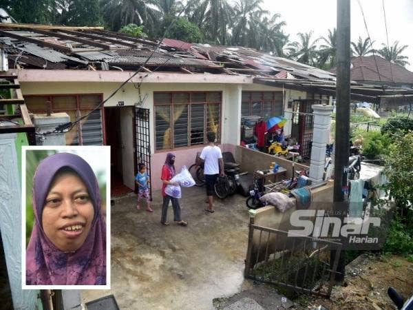 Keadaan kediaman Norliza yang rosak akibat dipukul ribut dalam kejadian petang Selasa. (Gambar kecil: Norliza)