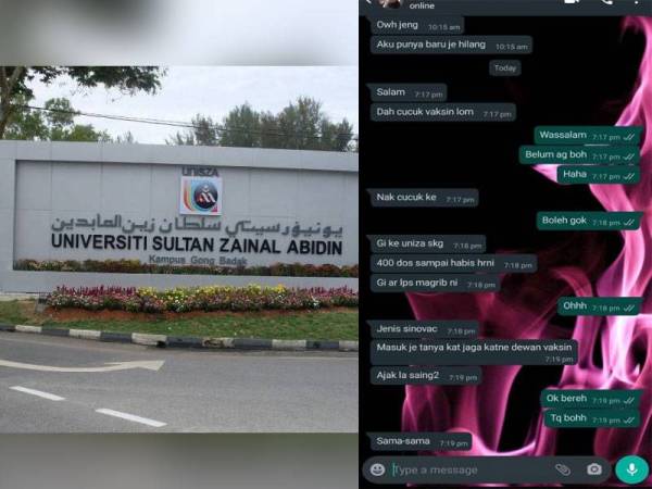 Pesanan WhatsApp mengenai suntikan vaksin walk in di UniSZA yang tular pada Ahad.