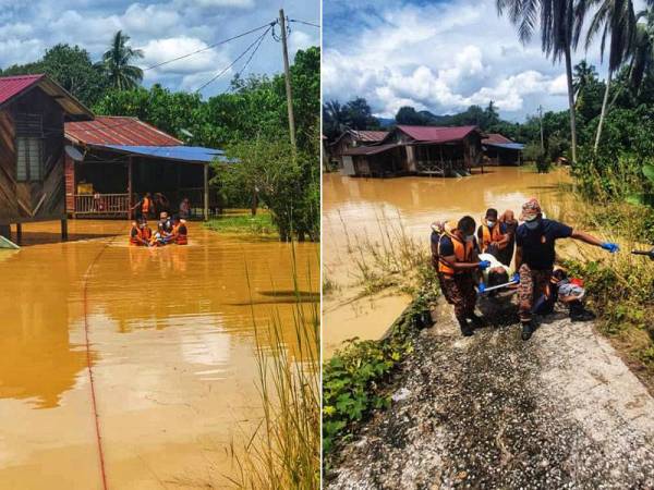 Operasi menyelamatkan tiga mangsa berhampiran Masjid Kampung Gali,Raub pada Isnin. Gambar kanan: Pesakit strok antara tiga mangsa yang diselamatkan selepas terperangkap dalam banjir kilat berhampiran Masjid Kampung Gali, Raub pada Isnin. - Foto ihsan JBPM