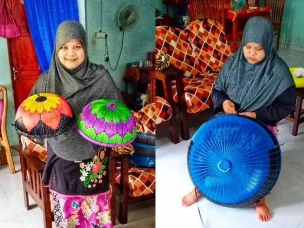 Mariani bersama hasil anyamannya pada tudung saji yang mendapat sentuhannya. Mariani tekun menjalin anyaman pada tudung saji yang dipelajari daripada seorang rakannya pada 2015.