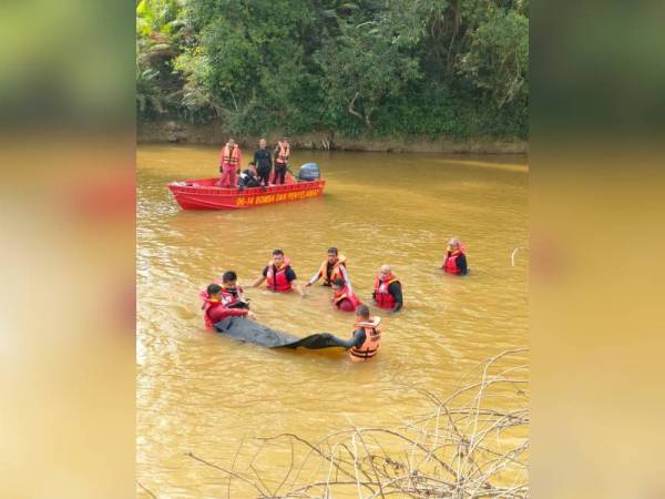 Mayat mangsa lemas ditemukan pasukan penyelamat pada jam 10.30 pagi Isnin. - Foto ihsan JBPM