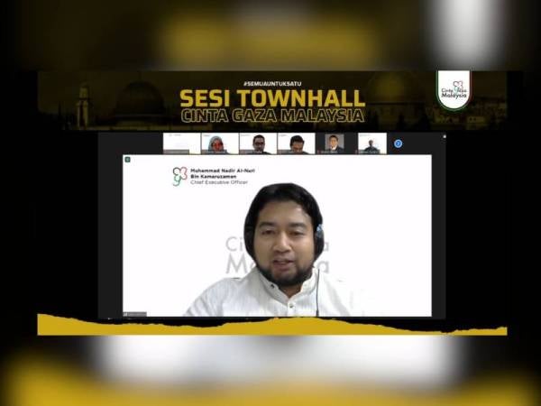 Tangkap layar Muhammad Nadir semasa sesi ‘Townhall Cinta Gaza Malaysia’ yang disiarkan secara langsung di Facebook Terkini dan Sensasi Palestin pada Sabtu.