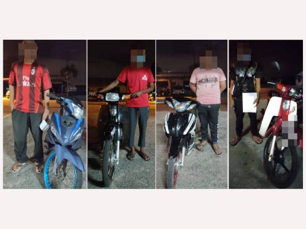 Empat remaja yang ditahan kerana menunggang motosikal secara berbahaya di Jalan Lahar Kepar, Penaga, Kepala Batas pada Sabtu.