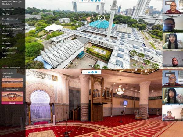 Pemandangan dari atas keseluruhan Masjid Negara. Gambar bawah: Pengunjung boleh merasai pengalaman melihat keindahan kawasan Masjid Negara secara maya.