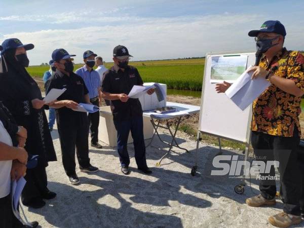 Ronald (dua dari kanan) mendengar taklimat mengenai pertanian integrasi melibatkan tanaman padi dan ternakan udang di Seberang Perak, pada Sabtu.