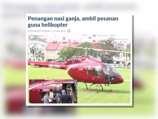 Tangkap layar berita mengenai penangan nasi ganja, guna helikopter.
