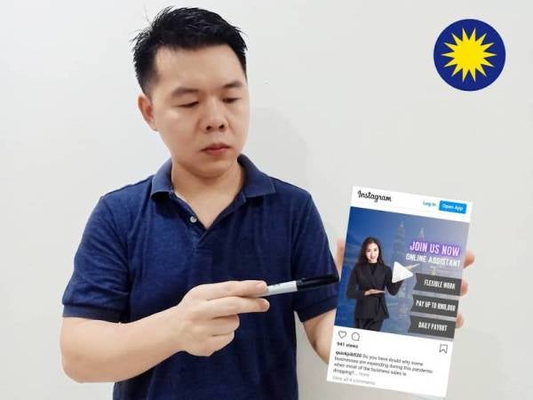 Guo Nan menunjukkan iklan yang menawarkan peluang pekerjaan di laman sosial Instagram. - Foto ihsan pembaca
