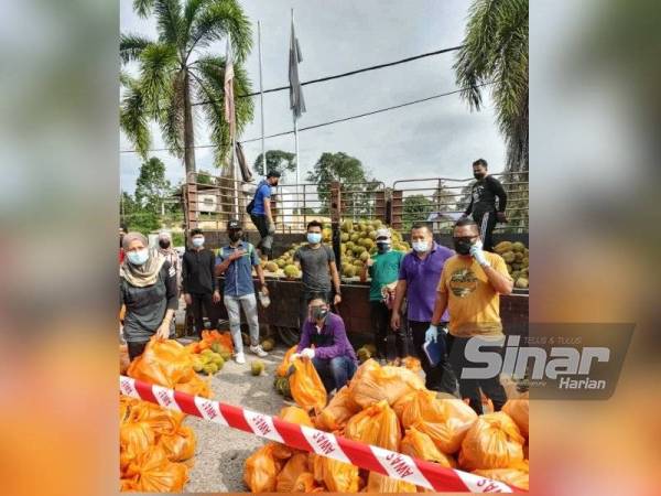 Roslan (tengah,duduk) bersama 4.5 tan durian yang disumbangkan syarikat AAIA Teraju Sdn Bhd kepada penduduk kampung pada Ahad.