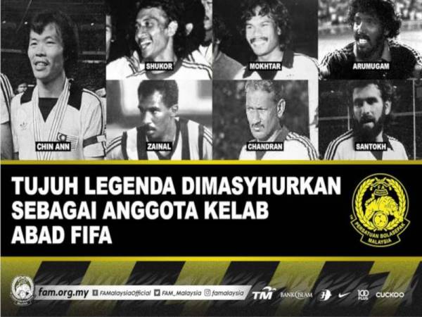 Barisan tujuh legenda negara yang membuat penampilan terbanyak di pentas antarabangsa. - Foto Facebook FAM