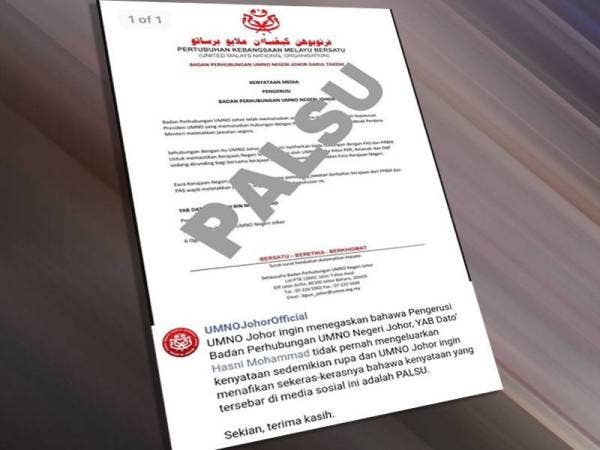 UMNO Johor menafikan sudah memutuskan hubungan dengan Bersatu dan Perdana Menteri serta akan bentuk kerajaan negeri baharu.