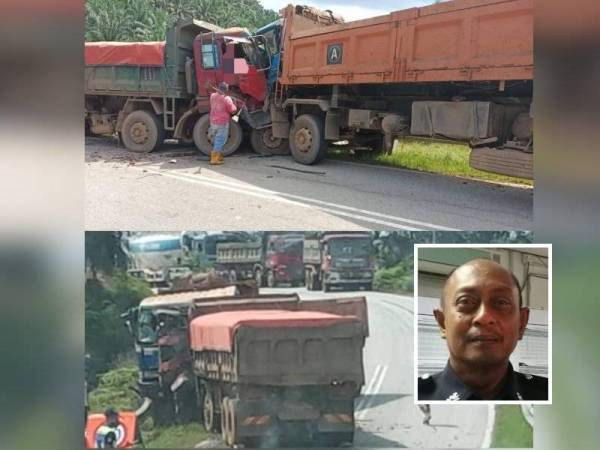 Keadaan dua lori yang bertembung di lokasi.- Foto ihsan pembaca. Gambar kecil: Hanyan