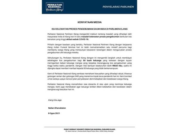 Kenyataan media PN Klang pada Isnin.