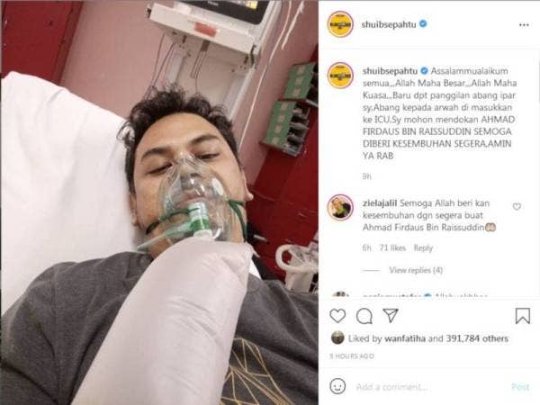 Ahmad Firdous Raissuddin dimasukkan ke ICU Hospital Serdang dan telah ditidurkan oleh doktor ekoran keadaan kesihatannya yang menurun akibat jangkitan Covid-19. Foto IG Shuib