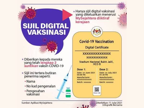 Hanya sijil vaksinasi yang dikeluarkan menerusi MySejahtera diiktiraf kerajaan.