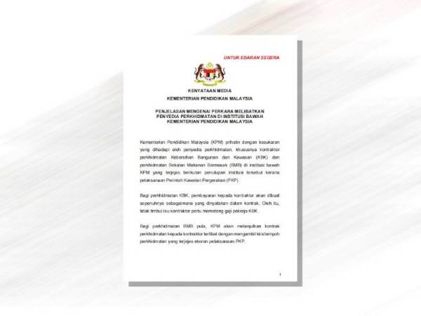 Kenyataan media yang mengumumkan insentif kepada penyedia perkhidmatan di bawah KPM.