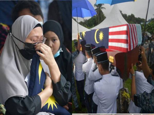 Balu Allahyarham Kpl U Sharif Mohd Siddiq Al-Attas Wan Sabli, Shima Mustapha, 29, (tengah) menahan sebak ketika menghadiri pengebumian jenazah suaminya di Tanah Perkuburan Kampung Melayu Seniawan Seberang dekat sini, hari ini.
Allahyarham Sharif antara empat anggota TUDM yang terkorban dalam insiden tembak pada 7.15 pagi kelmarin di Unit TUDM di Kota Samarahan, Kuching. Foto Bernama