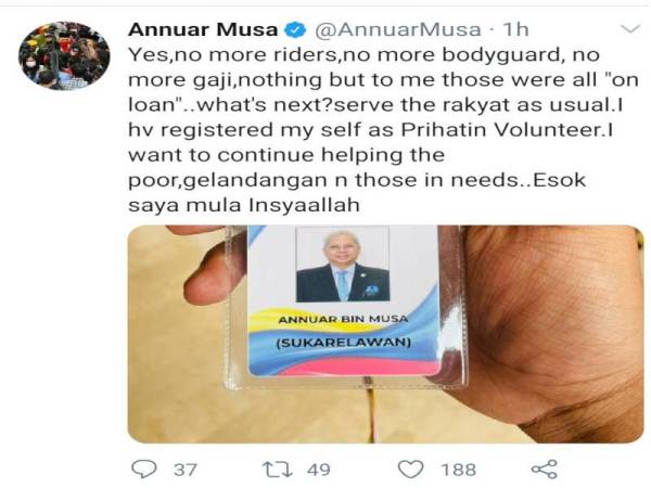 Kemas kini status Twitter Annuar pada Isnin.