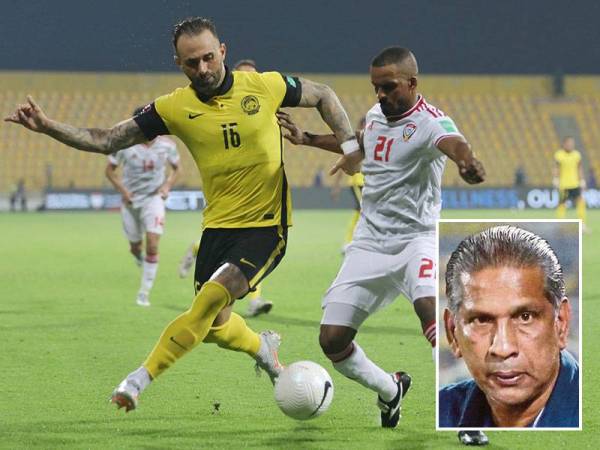 Aksi pemain naturalisasi Harimau Malaya, Guilherme de Paula (kiri), pada aksi kelayakan Piala Dunia 2022/Piala Asia 2023 di Dubai, Jun lalu. - Foto FAM