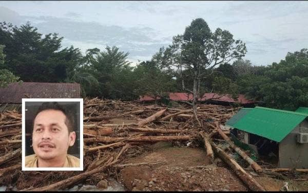 Fenomena kepala air yang turut menghanyutkan sejumlah pokok tumbang menyebabkan Chalet Alang Kenari di kaki Gunung Jerai mengalami kerosakan teruk. Gambar kecil: Aizuddin Ariffin