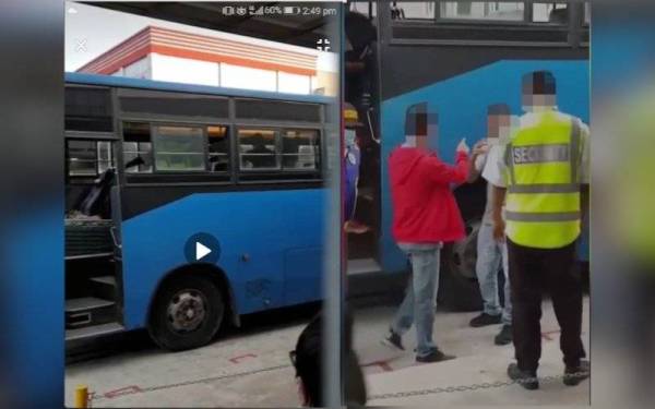 Seorang pemandu bas dan seorang pekerja warga asing bergaduh dalam bas kilang di Kawasan Perindustrian Senai, Kulai baru-baru ini.