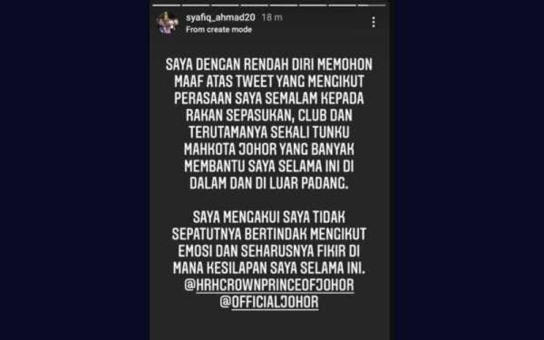 Permohonan maaf Syafiq di laman Instagramnya.
