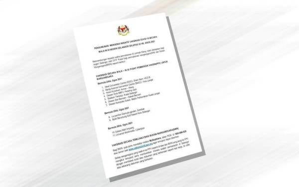 Kenyataan mengenai program vaksinasi secara 'walk in' bagi warganegara dan bukan warganegara pada Rabu.