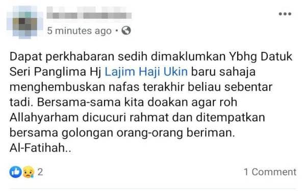 Berita tular mengenai kematian Datuk Seri Lajim Ukin di media sosial pada Khamis