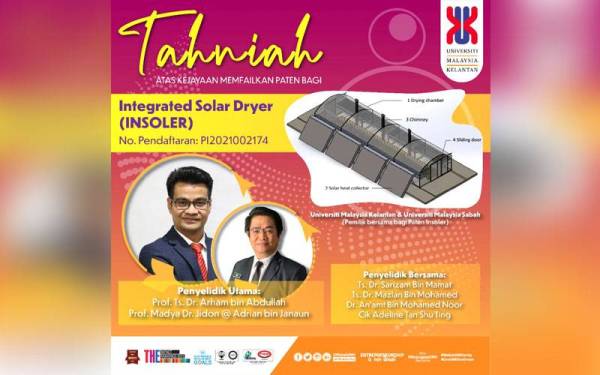 Produk Integrated Solar Dryer (INSOLER) oleh Prof Ts Dr Arham Abdullah yang dipatenkan menerusi MyIPO.