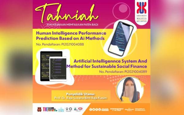 Produk Human Intelligence Performance Prediction Based on Ai Methods dan Sim Artificial Intelligence System and Method for Sustainable Social Finance Data Prediction oleh Prof Dr Raja Suzana Raja Kasim turut dipatenkan baru-baru ini.