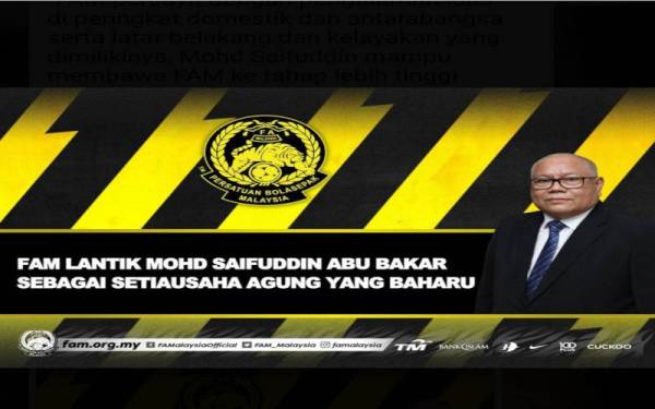 FAM mengumumkan pelantikan Mohd Saifuddin sebagai setiausaha Agung yang baharu berkuat kuasa 1 September mengantikan Stuart Ramalingam yang kini Ketua Pegawai Eksekutif MFL.