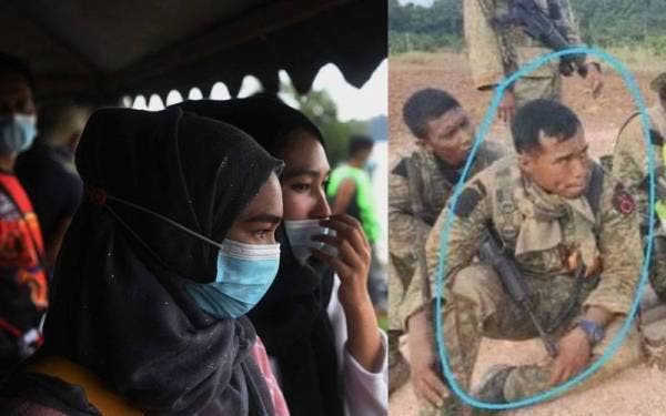 Isteri tentera lemas, Nur Aqila Syafiqa Safuan, 23, (kiri) kelihatan sugul ketika ditemui semasa operasi mencari dan menyelamat (SAR) suaminya Lans Koperal Mohamad Azrin Mohamad Isaselepas hilang di Sungai Pahang semasa mengikuti Eksesais PARA Predator Siri 1/2021 di Kampung Batu Bor pada Rabu. - Foto Bernama. Gambar kanan: Allahyarham Lans Koperal Mohamad Azrin