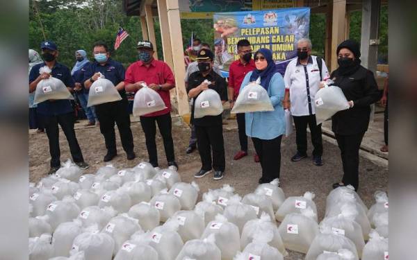 Ahmad (tengah) menunjukkan sebahagian benih udang yang akan dilepaskan di Sungai Paya Lebar, Lubok China di sini pada Sabtu.