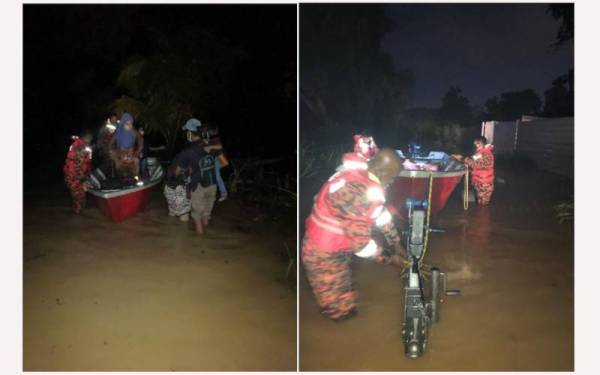 Bomba memindahkan 28 penduduk Batu 10, Kampung Laut Skudai, Johor Bahru kerana banjir kilat, pada Sabtu.