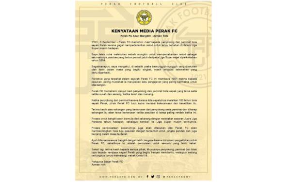 Kenyataan akhbar Perak FC mengenai keadaan semasa pasukan dan sasaran selepas tersingkir ke Liga Perdana musim depan pada Ahad.