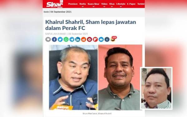 Khairul Shahril, Sham lepas jawatan dalam Perak FC. (Gambar kecil: Syamsul Baharin Putra)