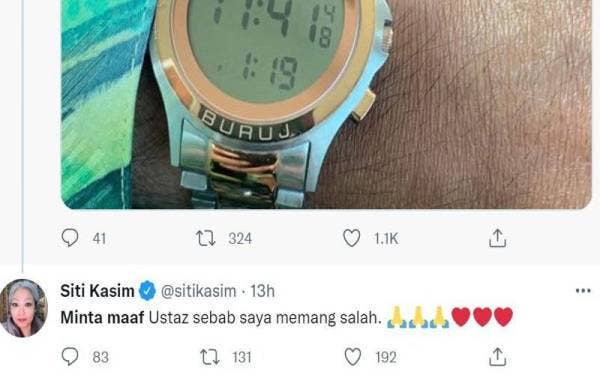 Siti Kasim tampil memohon maaf secara terbuka terhadap Menteri di Jabatan Perdana Menteri (Hal Ehwal Agama), Idris Ahmad kerana mendakwanya memakai jam tangan jenama mewah berjenama Rolex.