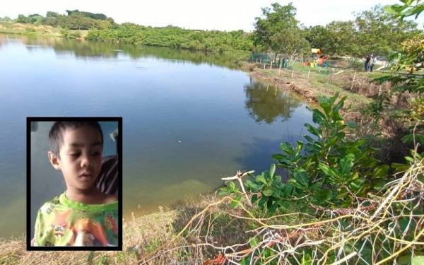 Lokasi mangsa ditemui terapung di sebuah lombong berhampiran kediamannya di Taman Kinta Baru, Gopeng pada Selasa. (Gambar kecil: Muhammad Fayyadh Ukasyah)