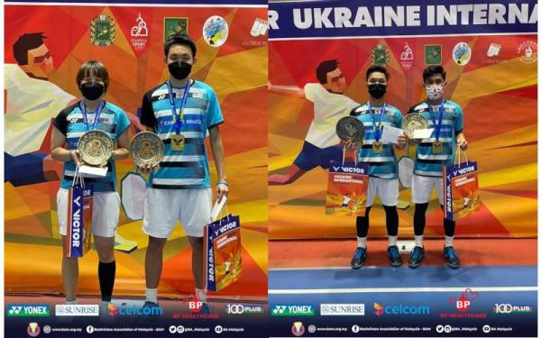 Dua beregu negara terus rentak cemerlang selepas raih gelaran ketiga Eropah tahun ini, kali ini di kejohanan Antarabangsa Ukraine 2021 pada Jumaat. Gambar kiri: Regu campuran negara, Yap Roy King (kanan) dan Valeree Siow. (Gambar kanan) Beregu lelaki negara, Muhammad Haikal Nazri (kanan) dan Wan Arif Wan Junaidi. - Foto Facebook Badminton Association of Malaysia - BAM