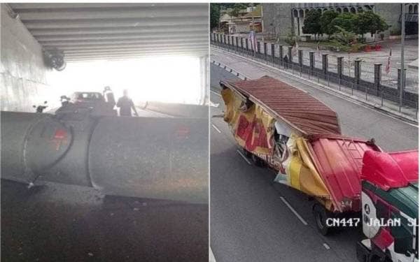 Akibat perlanggaran itu alat pengudaraan tersebut jatuh dan terkena pada bahagian kontena treler itu hingga menyebabkan bahagian atasnya terkoyak dan alat pengudaraan tersebut jatuh ke atas jalan.