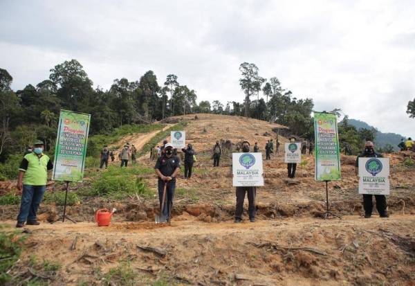 Antara kakitangan JPNK yang turut menyertai Kempen Penanaman 100 juta pokok di Kompatmen 4, Bukit Enggang Sik Kedah pada Ahad.