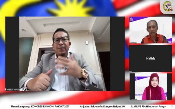 Mazlan (kiri) ketika program ‘Diskusi Pembangunan Ekonomi Rakyat’ yang diadakan di bawah Kongres Ekonomi Rakyat (KER) Sekretariat Kongres Rakyat 2.0 secara maya pada Ahad.