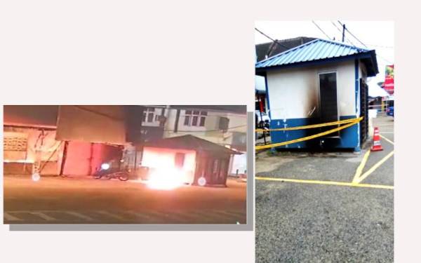 Api yang membakar pondok polis di Pasar Jelawat.(Knana: Kesan terbakar di sebuah pondok polis di Pasar Jelawat, Bachok akibat perbuatan khianat yang dilakukan oleh seorang lelaki bermotosikal.)