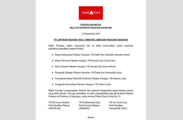 Kenyataan Majlis Presiden PH pada Ahad.
